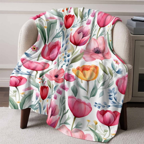 Flannel Fleece Throw Blanket Pink Tulip Spring Flower Watercolor Lightweight Soft Plush Blankets,Country Green Plant Cozy Warm Throw Blanket for Couch Sofa Bed Car Office All Season Use 50x60in