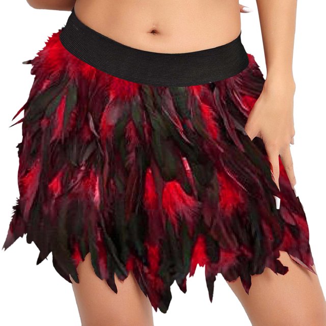 Gibobby Falda de tul Falda corta de medio cuerpo con plumas para mujer, ropa para el escenario europea y americana(Rojo, XL)