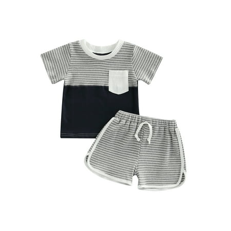 

CenturyX Summer Toddler Baby Boys Two-Piece Outfits Short Sleeve Round Neck Plaid Print Tops + Casual Short Pants Navy Blue 12-18 Months