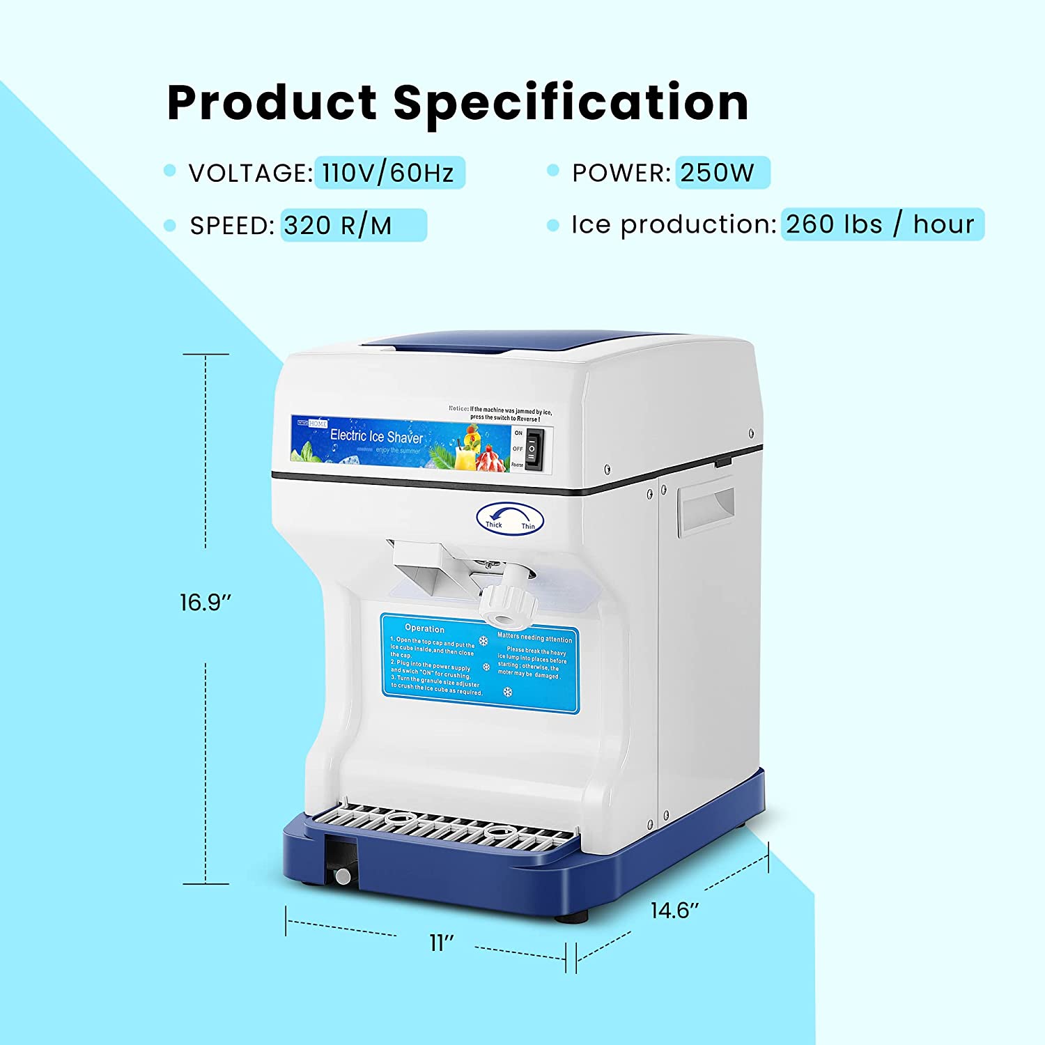 SPECSTAR Electric Ice Crusher Shaver, Snow Cone Maker Machine 265lbs/hr for Home and Commercial Use Blue