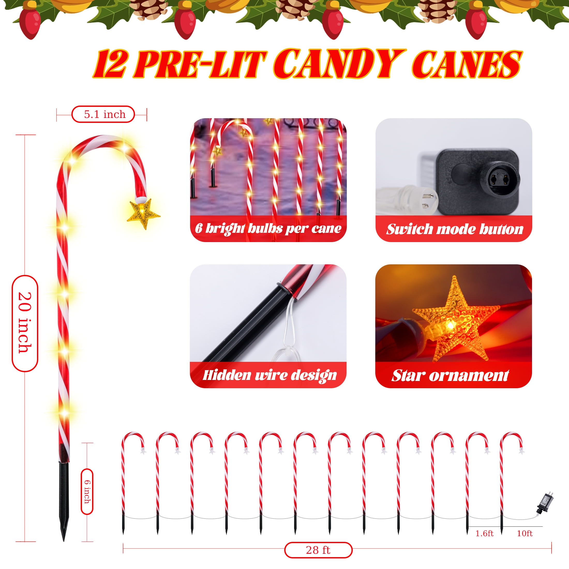 25’’ Christmas Candy Cane Lights,  72 LED Pathway Markers Lights for Christmas Outdoor Decorations, 12 Pack