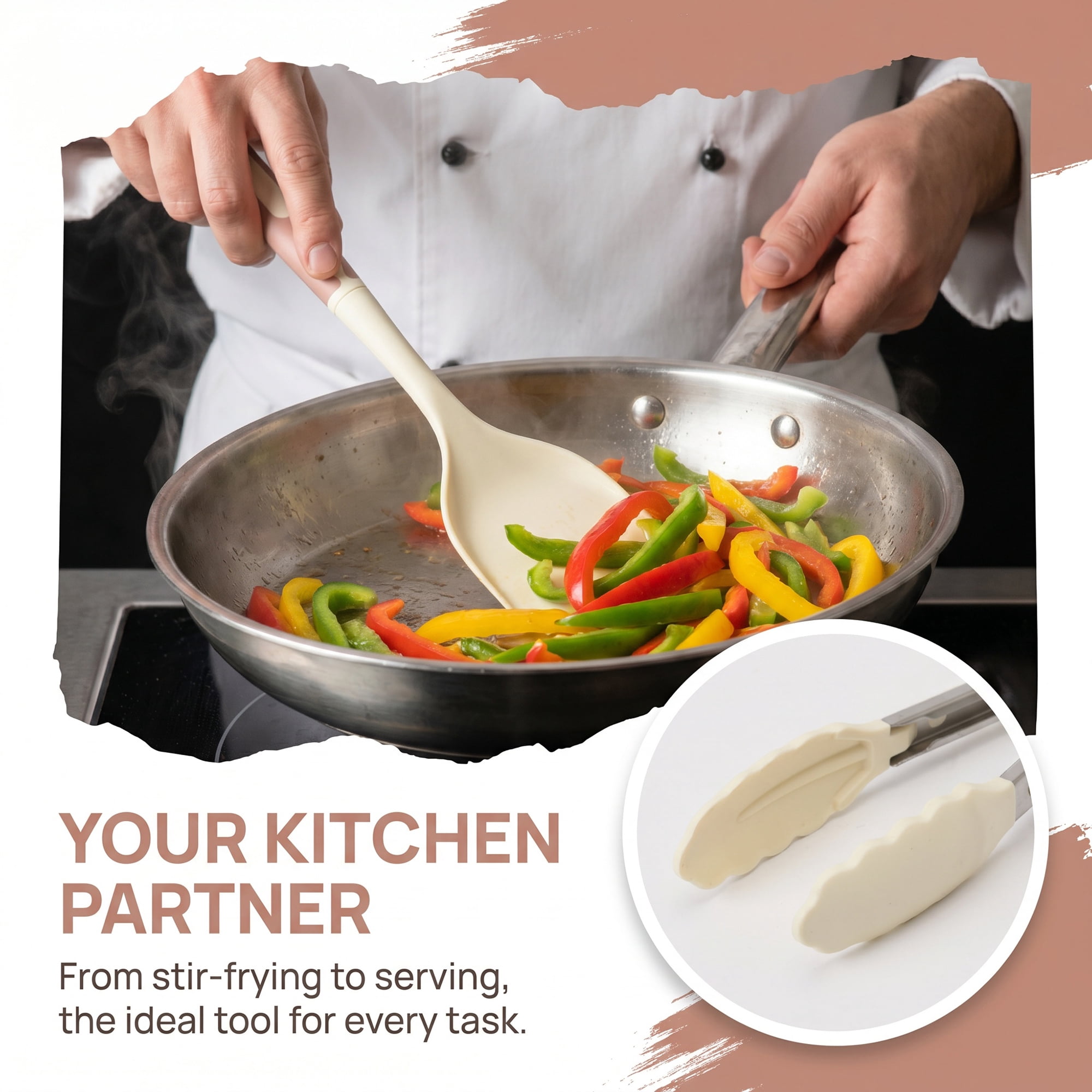 Unique Bargains Cooking Utensil Set with Silicone Color-blocked Brownish Yellow A 2pcs