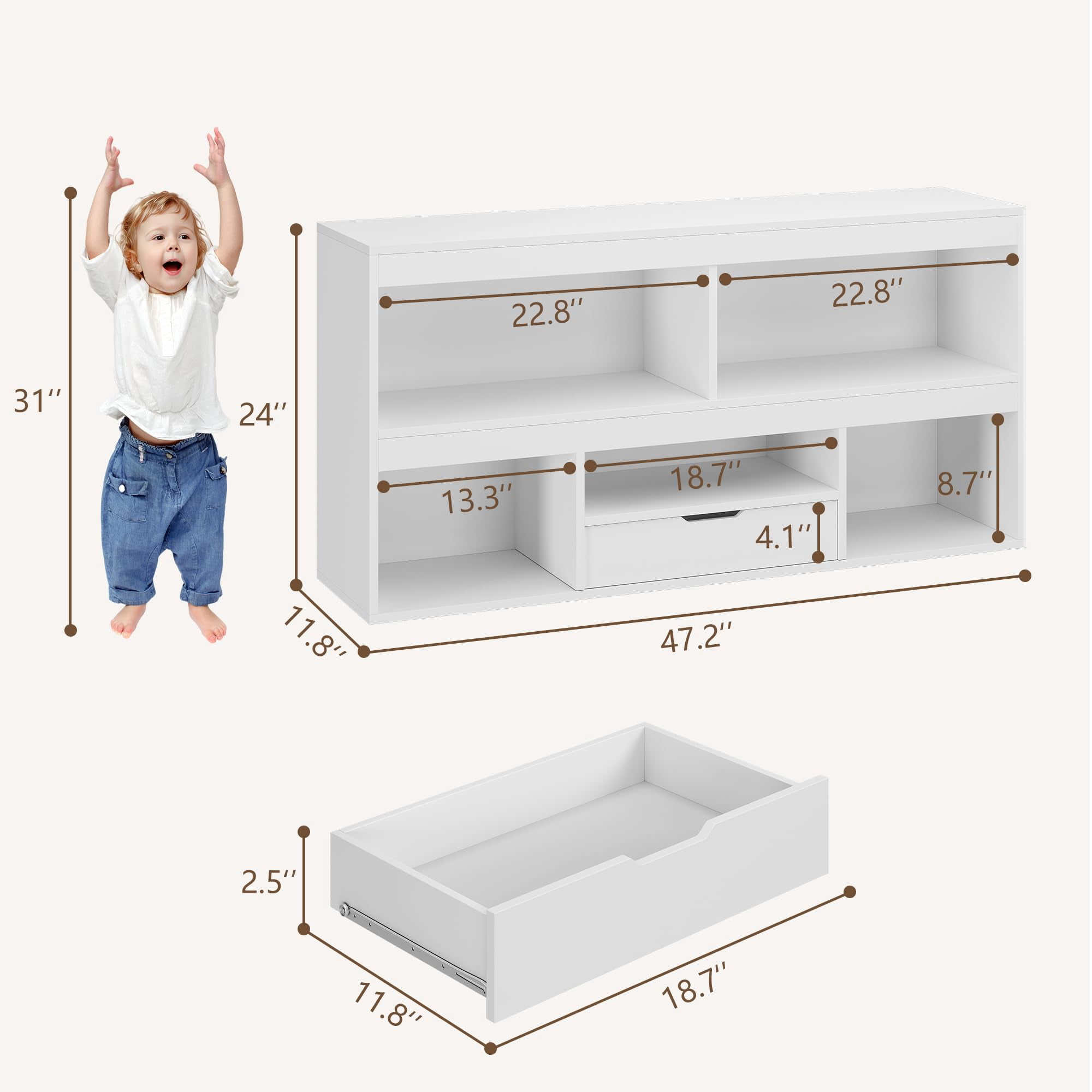 TROPOW IDEALHOUSE Toy Storage Organizer 5 Cubes Kids Bookshelf with Drawer Wooden Storage Cabinet Playhouse Shelves Cabinet for Boys Girls Toy Bookcase Playroom, Classroom, Nursery, Kids Room