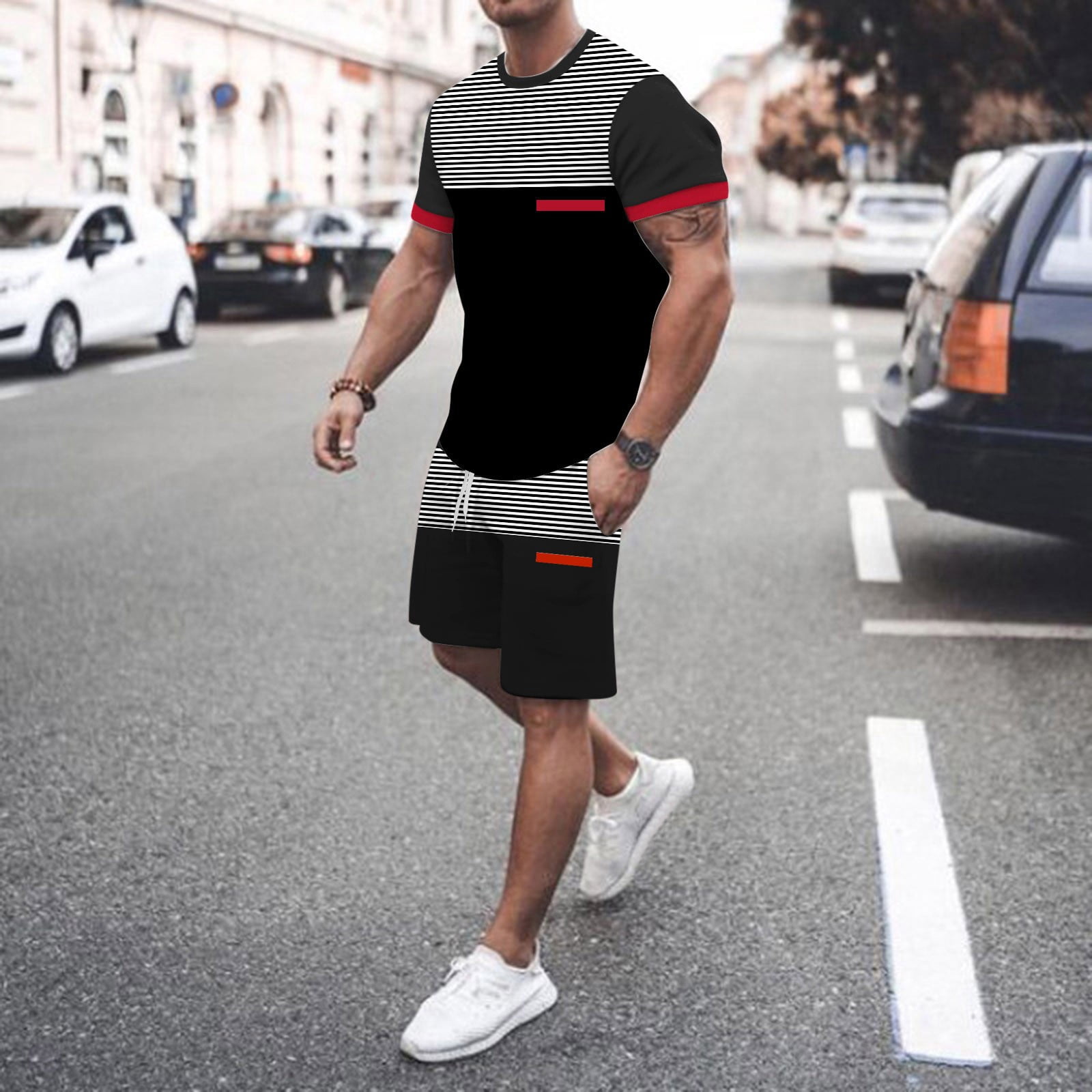 Pxiakgy suits for men Mens Spring Summer Leisure Sports Breathable Absorbing Stitching Printed Short Sleeve Shorts Two Piece Set Men Suits Black + L