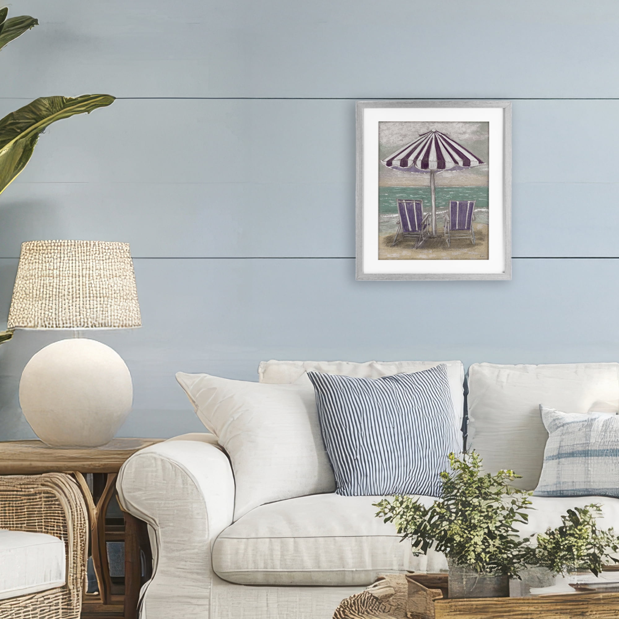 Stupell Industries Umbrella & Chairs on Beach Gray Framed Print Under Glass, design by Patti Bishop