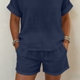 thumbnail image 4 of Gamivast 2 Piece Summer Outfits for Women Casual Linen Textured Short Sleeve Top and Drawstring Shorts Set Loose Fit Matching Lounge Sweatsuits Vacation Streetwear Pajamas Navy XXXL, 4 of 7