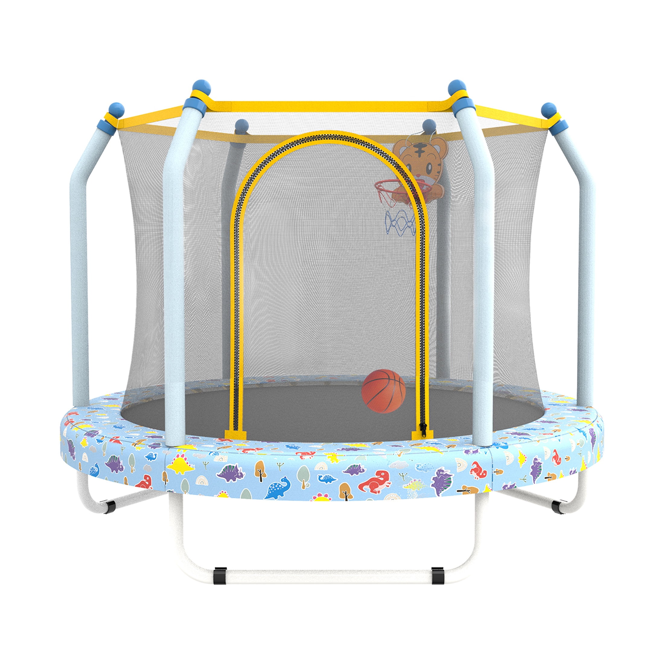 55" Toddler Trampoline with Enclosure Net, SHINPT Child's Mini Trampoline with Basketball Hoop, Round Recreational Tranpolines for Birthday Gifts, Kids Trampoline for Aged 3-6, Indoor & Outdoor