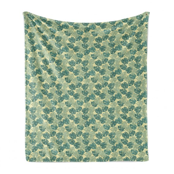 Monstera Leaves Soft Flannel Fleece Throw Blanket, Tropical Hawaiian Leaves in Exotic Tones, Cozy Plush for Indoor and Outdoor Use, 50" x 60", Green Jade Green, by Ambesonne
