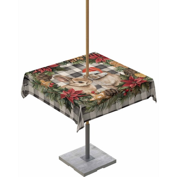 Boanket Outdoor Tablecloth with Umbrella Hole for Patio/Picnic/Party/Camping, Christmas Waterproof Table Cloth Square Cover Washable, Pine Needles Wreath Rabbit Black Grey Plaid (54"x 54")