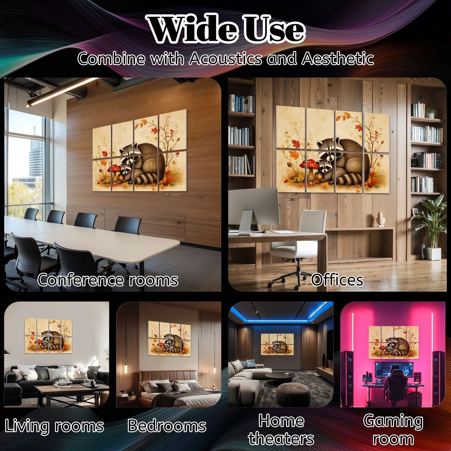 8 Pack Art Acoustic Panels Sound Absorbing Mother Baby Raccoons Autumn Decorative Soundproof Wall Panels Self Adhesive for Nursery Game Room Bedroom 48"x32"