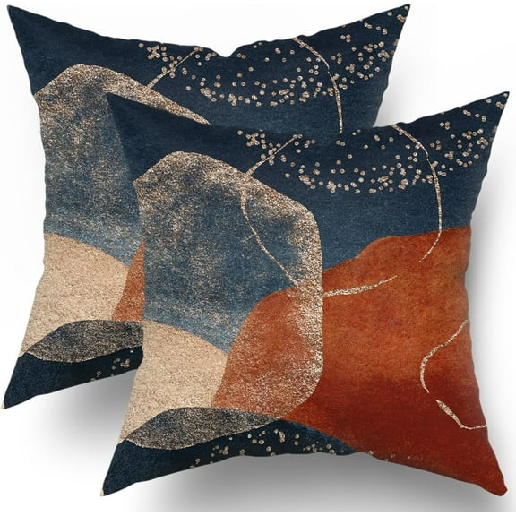 Boho Pillow Covers 18x18 Set of 2 Navy Blue Burnt Orange Throw Pillows Outdoor Bohemian Mid Century Modern Abstract Decorative PillowCase Square Cotton Farmhouse Cushion Case Decor for Couch Sofa Bed