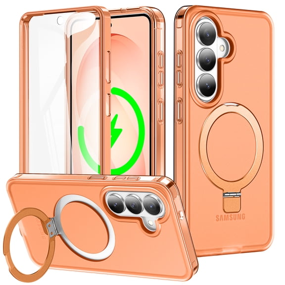 Decase for Samsung Galaxy S26  Magnetic Case,Full-Body Matte Back Clear Cover with Bulit-in Screen Protector,Rugged Metal Ring Stand Protective Shockproof Shell,Orange