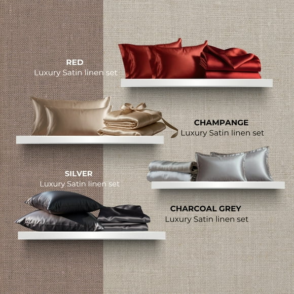 QUEEN Bed Sheet Set (Flat x1 + Fitted x1 + PC X2) in Elegant colors RED & CHARCOAL GREY Fabric Luxury Satin 4pc/ Set Clearance Price $25/ set (Sold as pack of 2 Sets - Mix n Match)