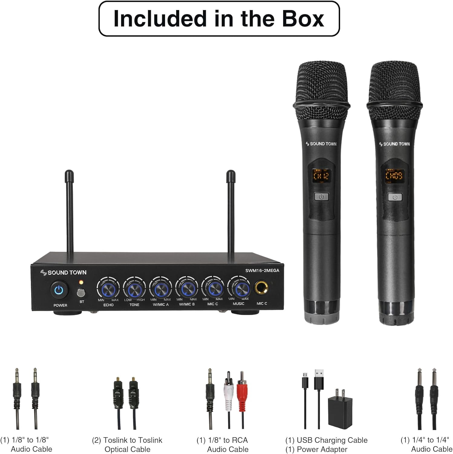 Sound Town 100 Channels Wireless Microphone Karaoke Mixer System with 2 Metal Handheld Microphones, Optical (Toslink), AUX, for Smart TV, Home Theater, Sound Bar (SWM16-2MEGA)