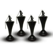 Legends Direct Set of 4, Oahu Premium Metal Tabletop Patio Torches, Tall- Tiki Style /w Snuffer, Fiberglass Wick & Large 35oz Oil Lamp for Deck, Patio, Lawn, Garden, Luau (Hammered Black)