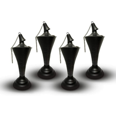 Legends Direct Set of 4, Oahu Premium Metal Tabletop Patio Torches, Tall- Tiki Style /w Snuffer, Fiberglass Wick & Large 35oz Oil Lamp for Deck, Patio, Lawn, Garden, Luau (Hammered Black)