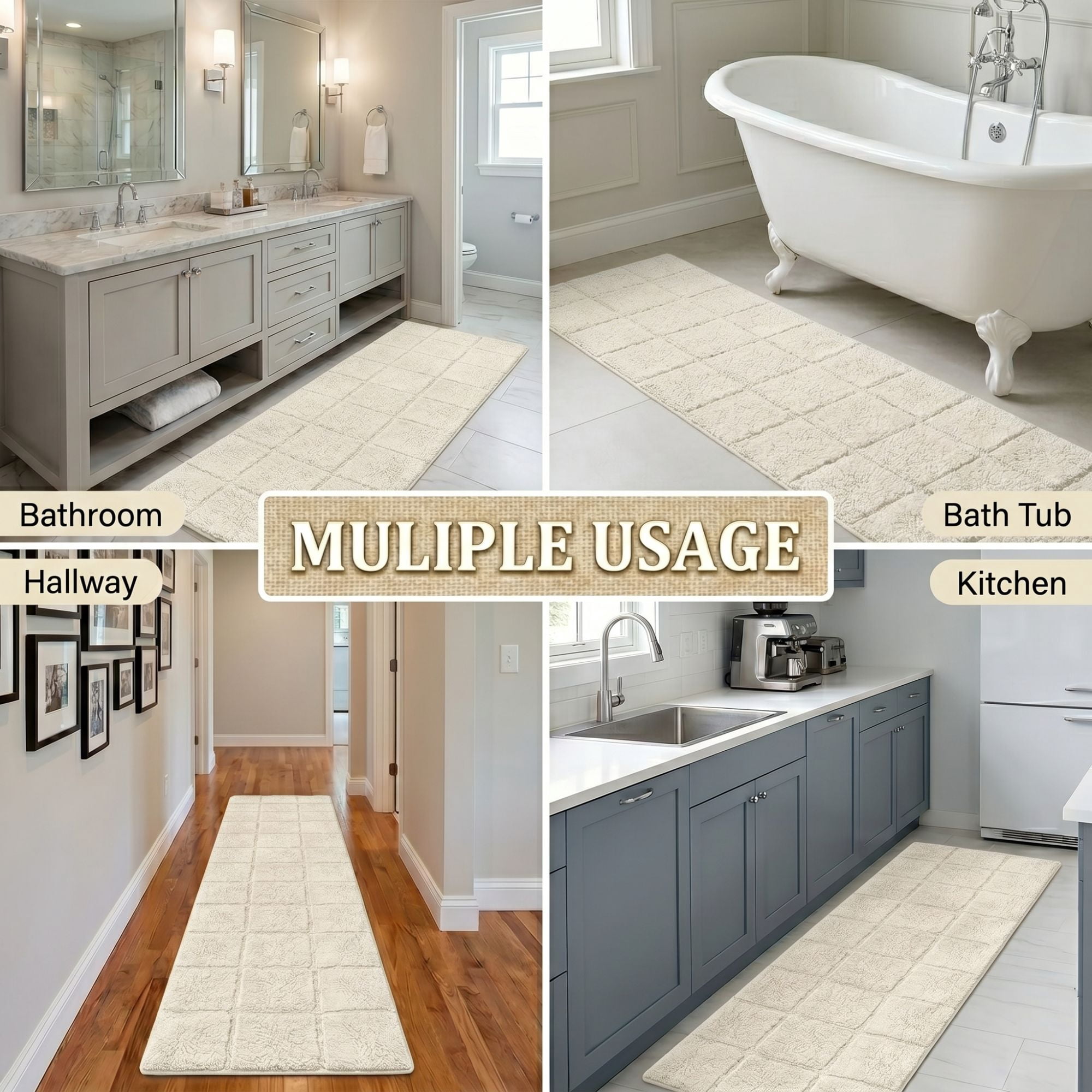 Superior Checkered Cotton Washable Non-Slip Bath Rug, Runner Size, Ivory