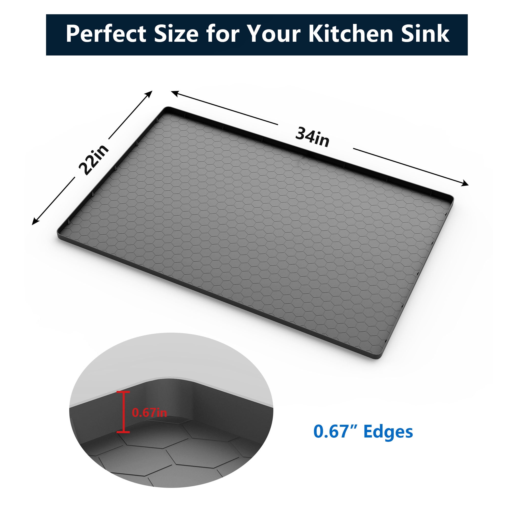 Under Sink Mat, Campmoy 34" x 22" Under Sink Mats for Kitchen Waterproof - Silicone Under Sink Liner Drip Tray with Drain Hole(Black)
