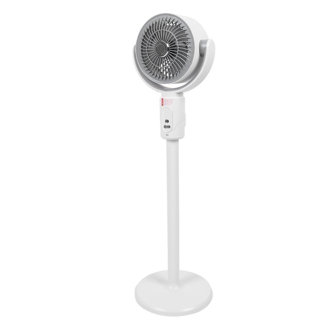 ventilador de pie, circulación de aire, altura ajustable, temporizador de 8 h, ventilador de escritorio de piso multifuncional de 4 velocidades de viento para control remoto Ventilador de pie blanco frontal con base circular y poste telescópico ajustable (aprox. 380–820 mm); cabeza redonda con rejilla y palas de aprox. 183 mm, panel frontal con botones y receptor para control remoto, cuerpo de ABS y cable USB incluido. A menudo se usa también como ventilador de escritorio por su tamaño compacto.