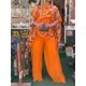 thumbnail image 5 of Conjunto de dos piezas de gasa con estampado para mujer, traje de cuello redondo, Mangas de murciélago, Top Irregular, pantalones de pierna ancha, informal, Verano, 5 of 5