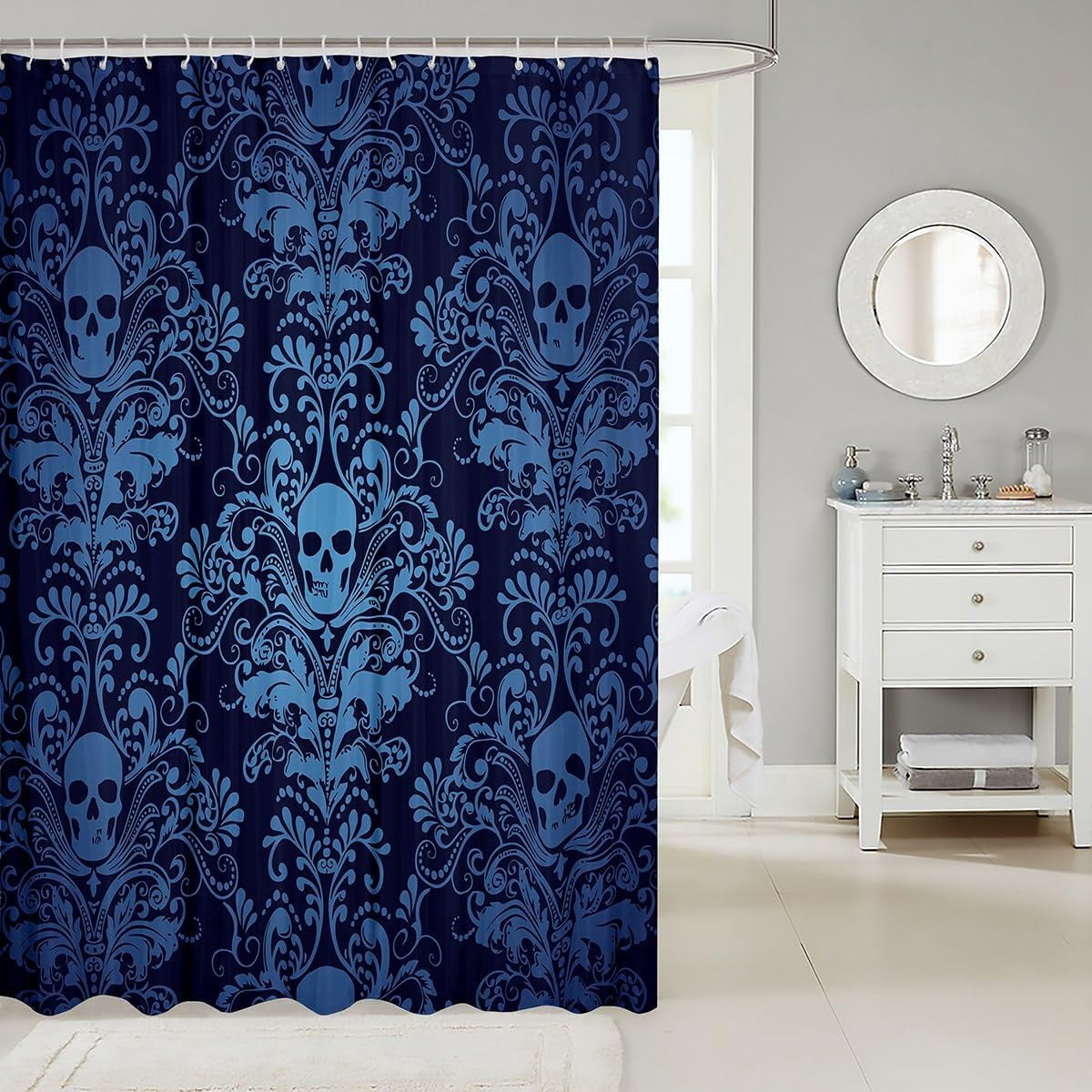 Adults Teal Damask Bath Curtain Antique Victorian Baroque Fabric Shower Curtain 72" Wx84 L,Vintage Floral Exotic Sugar Skull Bathroom Decor,Gothic Bone Skeleton Bohemian Decor,Blue