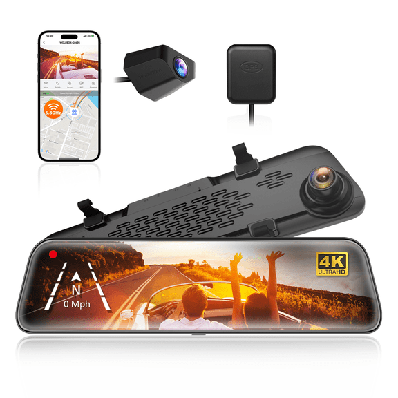 WOLFBOX Mirror Dash Cam, 12" 4K Rear View Mirror Dashcam with Full Touch Screen, Wifi & GPS, WDR, Super Night Vision (No Card Included)