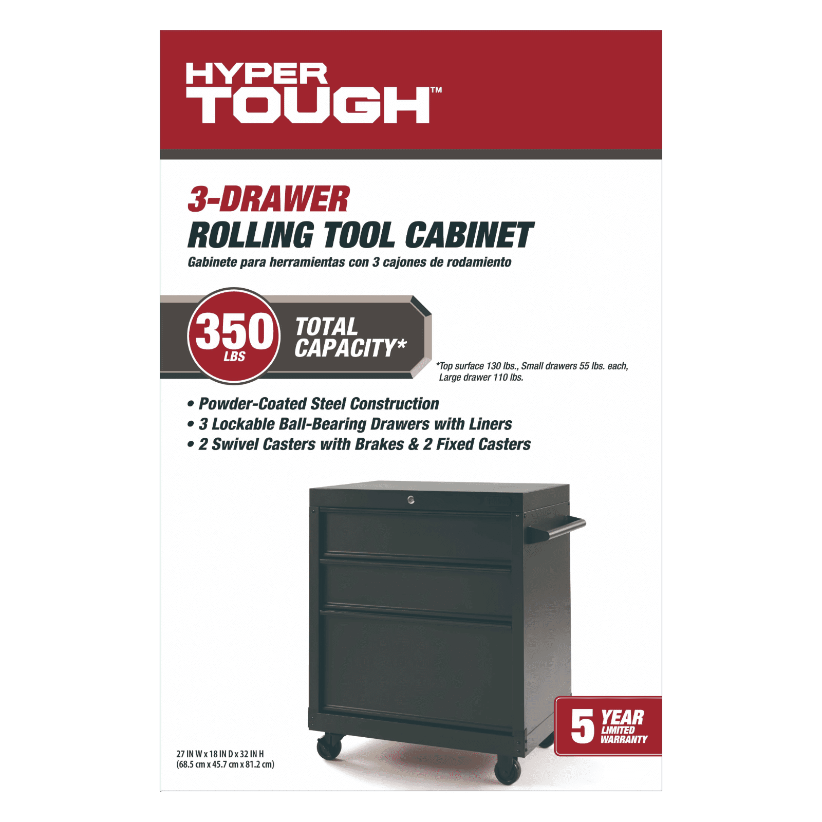 Hyper Tough 27-inch 3-Drawer Rolling Tool Cabinet, Black