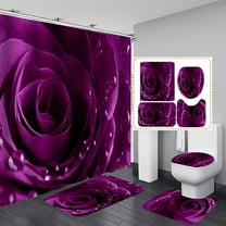 4PCS/Set Raindrop Purple Rose Shower Curtain, Romantic Flower Elegant Floral Bathroom Decor, Fabric Bath Curtain, Non-Slip Bath Rugs Toilet Carpet Bathroom Mat, Gift for Women, Purple