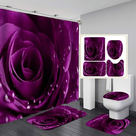4PCS/Set Raindrop Purple Rose Shower Curtain, Romantic Flower Elegant Floral Bathroom Decor, Fabric Bath Curtain, Non-Slip Bath Rugs Toilet Carpet Bathroom Mat, Gift for Women, Purple