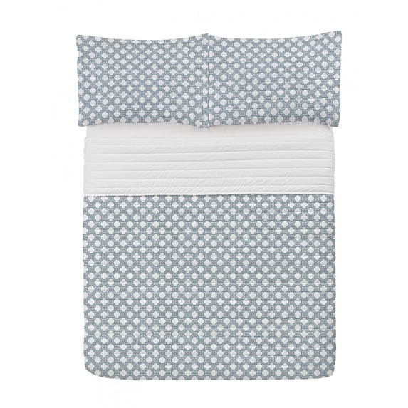 European Microfiber Bedspread Set, Portuguese Style Geometric Detailed Abstract Geometrical Shapes Print, Soft Bedding Set with Pillow Shams & Comforter, 3 Sizes, Blue White, by Ambesonne