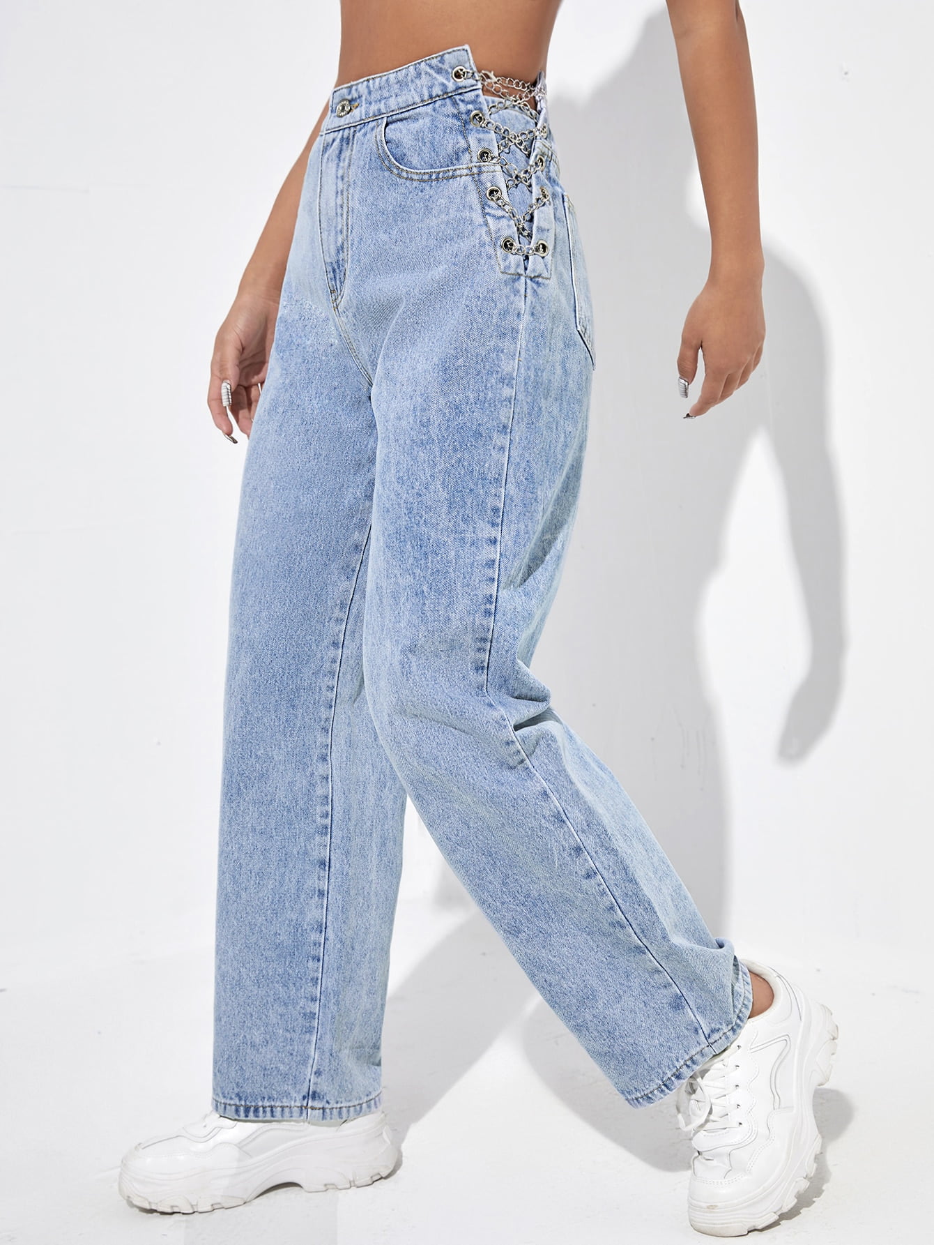 High Waisted Chain Lace Up Jeans 