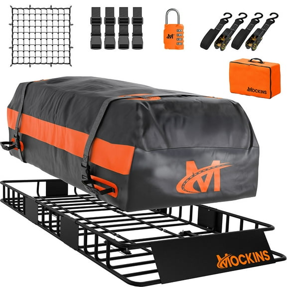 Mockins 64"x39"x6" Extendable Roof Rack Cargo Carrier Set with 20 Cu. Ft. Orange Rooftop Cargo Carrier Bag, Net, Straps, Lock and Carry Case