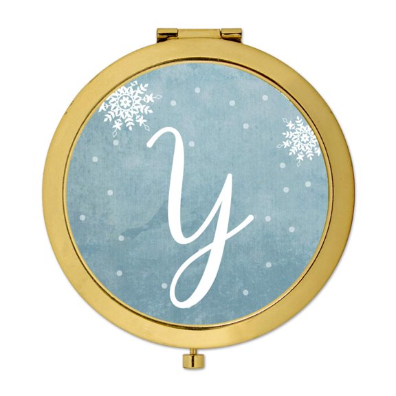 Koyal Wholesale Gold Compact Mirror Bridesmaid's Wedding Gift, Blue Winter Snowflakes, Monogram Letter Y, 1-Pack