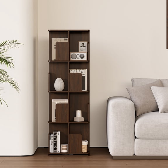 Rotating Bookshelf, 4 Tier Small Bookcase Corner Shelves Display Storage Tower Space-saving Revolving For Small Space, Walnut
