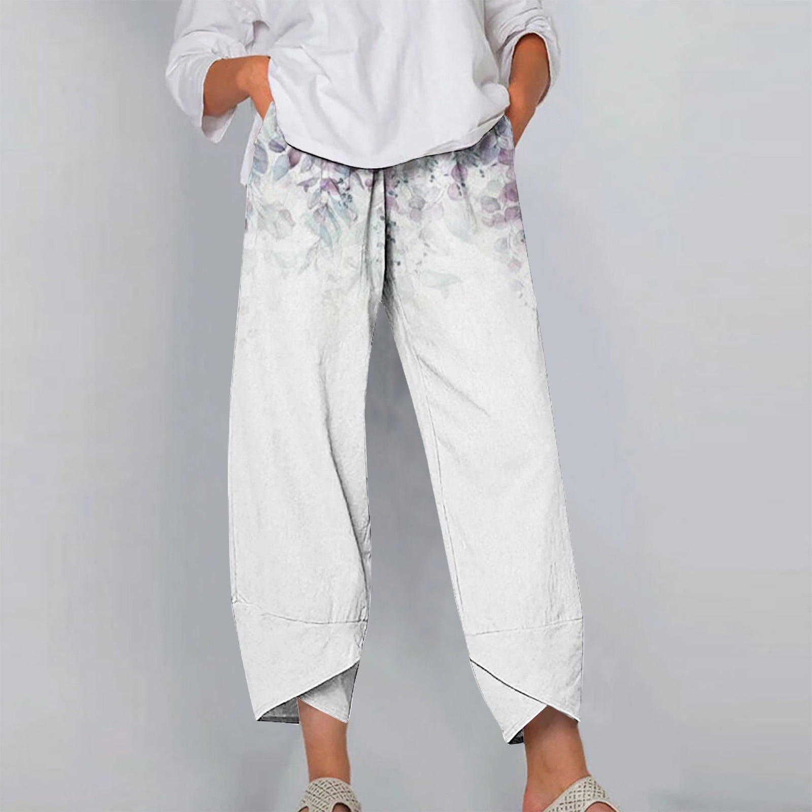 Pantalon Harem Femme - Linen Et Coton - Rayures Vintage - Taille élastique Avec Cordon