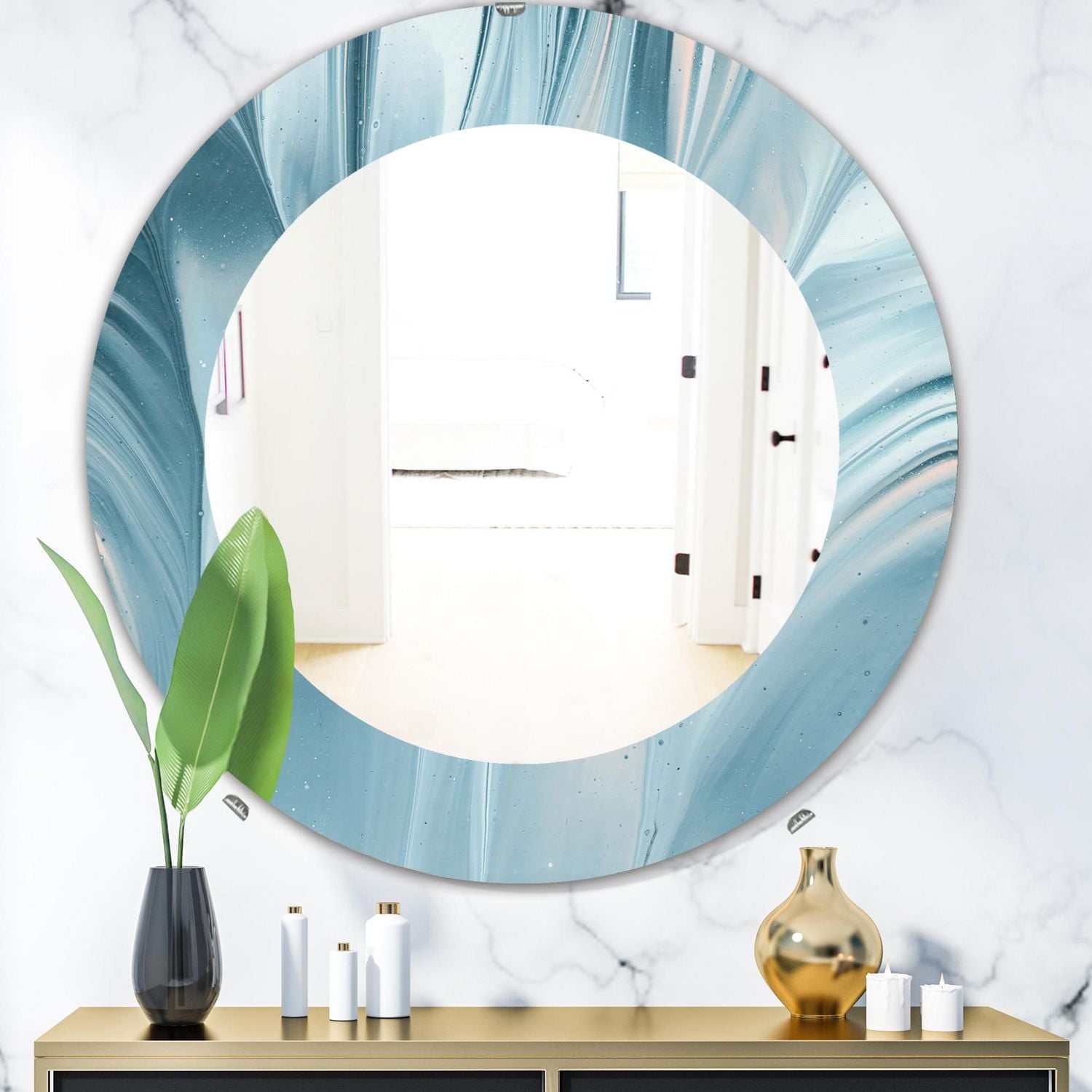Designart 'Blue Modern Water III' Modern Mirror - Oval or Round Wall Mirror - 24x24