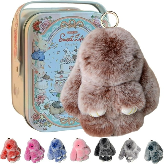 Handmade Bunny Plush Keychain with Gift Tin Box, Soft Rabbit Bag Charm Pendant, Cute Fluffy Key Ring Accessory for Backpack Purse Keys Gift Idea