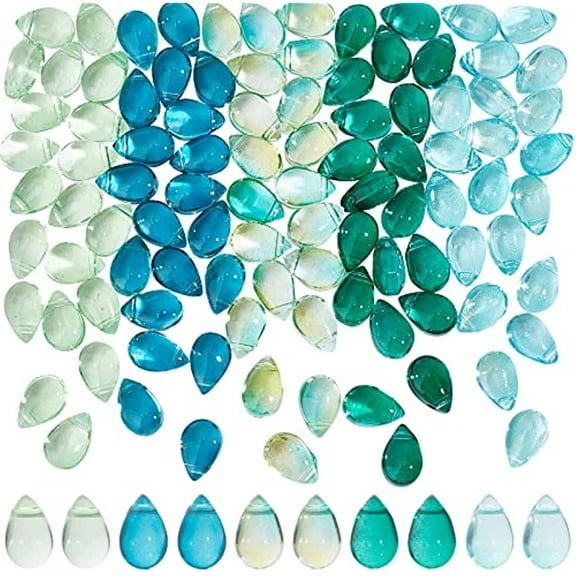 100 Pcs Teardrop Czech Glass Beads 5 Colors Transparent Crystal Beads with Glitter Gold Powder Water Drop Loose Pendants Beads for DIY Necklace Earring Bracelet Jewelry Making Blue&Green