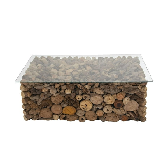 DecMode 46" x 17" Brown Wood Handmade Stacked Collage Coffee Table with Clear Glass Top, 1-Piece