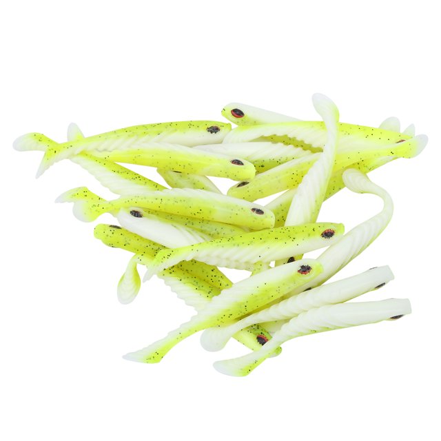 Señuelo de pesca de silicona de simulación Artificial, cebo suave con cola en T, accesorio de gusano suave, color fluorescente brillante, 20 Uds.