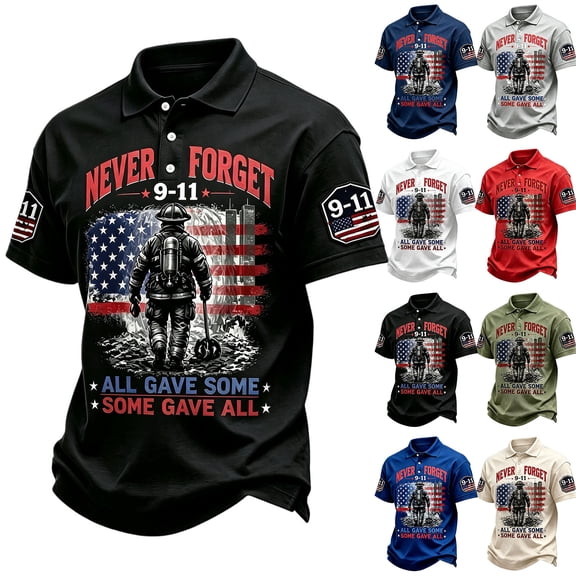 Never Forget 911 Polo Shirts for Men 9/11 25th Anniversary Memorial Shirt US Flag Print Patriotic Tee Tops