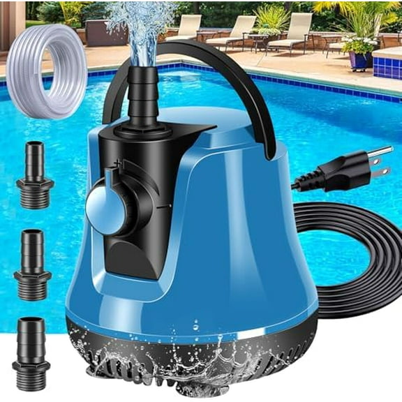 Submersible Water Pump, Adjustable Flow Sump Pump, Pool Cover Pump Above Ground, Electric Portable Water Removal Pumps, Water Pump for Pool Draining with 10ft Drainage Hose,3 Adapters,950GPH
