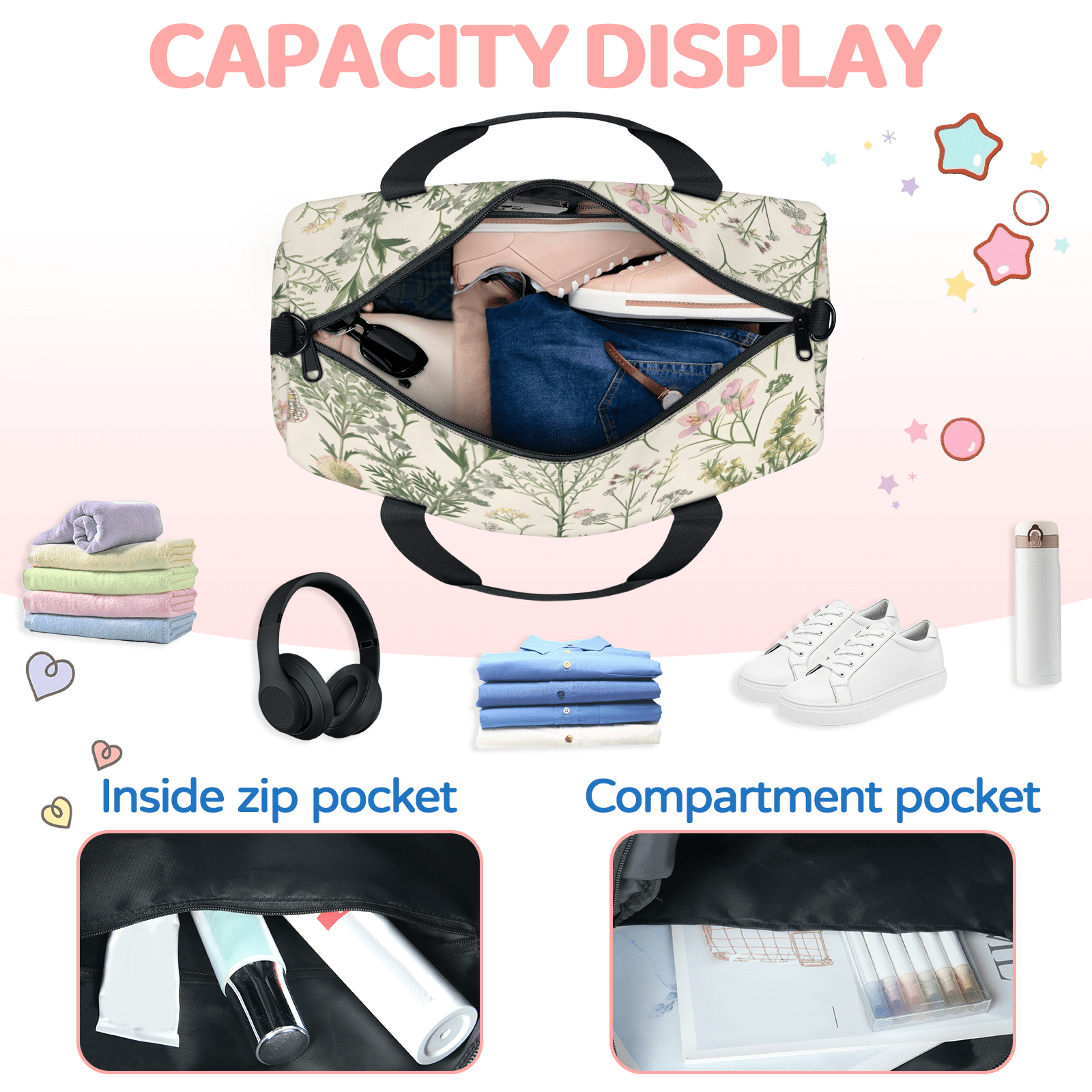 Herdesigns Wildflowers Botanical Floral Plant Travel Duffle Bag Sports Yoga Weekender Overnight Carry on Workout Bags Lightweight Waterproof Gym Tote Bag for Women