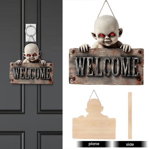 Halloween Creepy Zombie Baby Welcome Hanging Plaque, Horror Spooky Wooden Door Sign, Scary Themed Decor for Front Door Porch Wall, Halloween Indoor & Outdoor Party Home Decorations