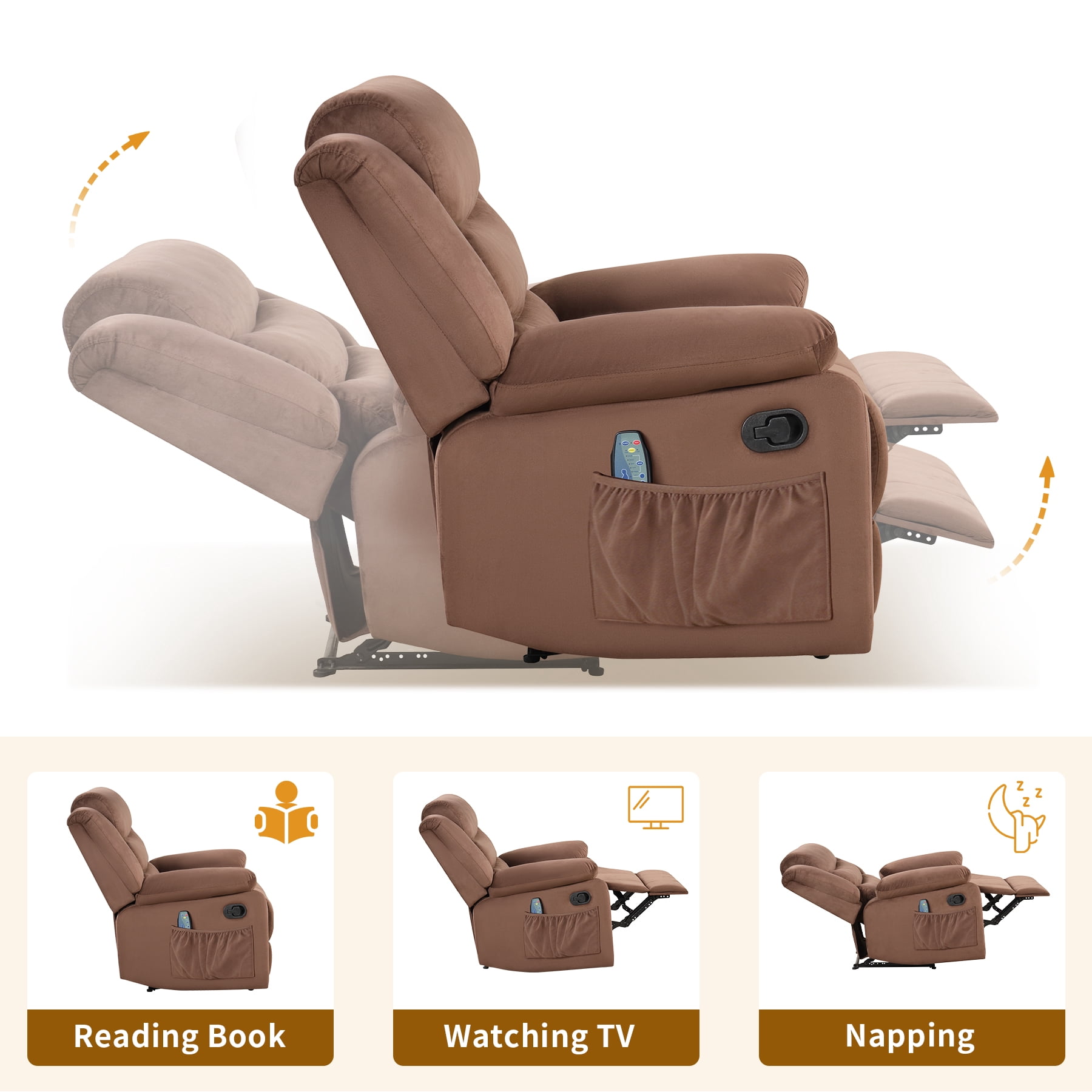 Bonzy Home Modern Comfort Reclining Chair, Breathable Fabric Recliner Chairs with Massage & Heating, Brown