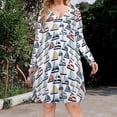 thumbnail image 2 of Blue, Red, Yellow Sailboat Pattern Long Sleeve Dresses For Women Vintage Elegant Party Dress Oversized V-neck Dress S-8XL, 2 of 7