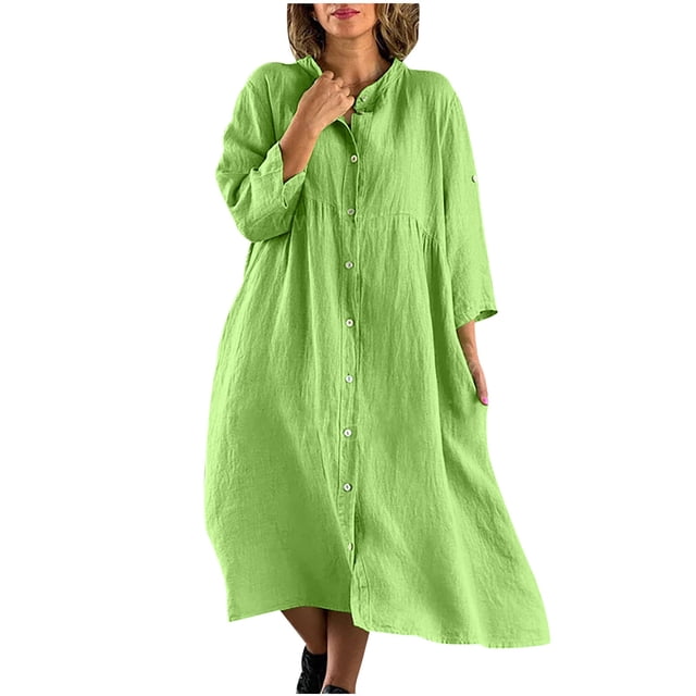 Daiosportswear Mode Femme Automne Solide Décontracté Col Rabattu Manches Longues Robe de Vacances à Boutons Vert 10(TG)