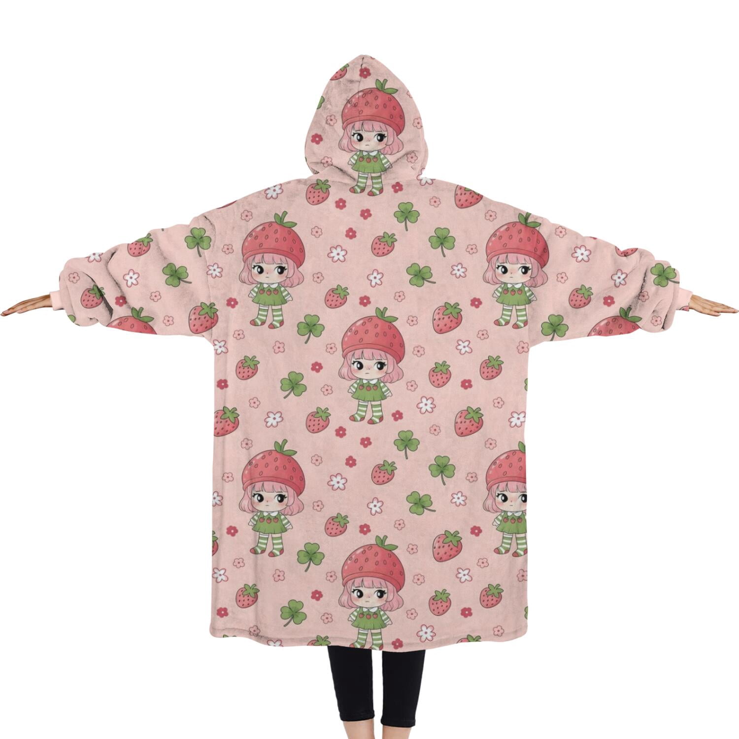 Oversized Wearable Blanket Hoodie,Strawberry Princess Pattern Sherpa Blanket Hoodie with Super Pockets,Super Warm Fuzzy Pullover for Women & Men