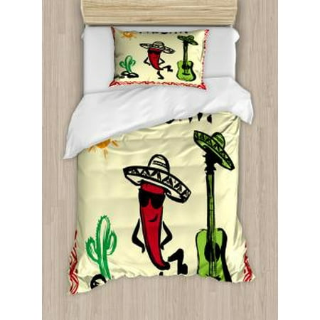 Festive Maraca - Fiesta Twin Size Duvet Cover Set, Festive Mexican Party with Maracas Dancing Red Pepper Wearing a Sombrero and Guitar, Decorative 2 Piece Bedding Set with 1 Pillow Sham, Multicolor, by Ambesonne