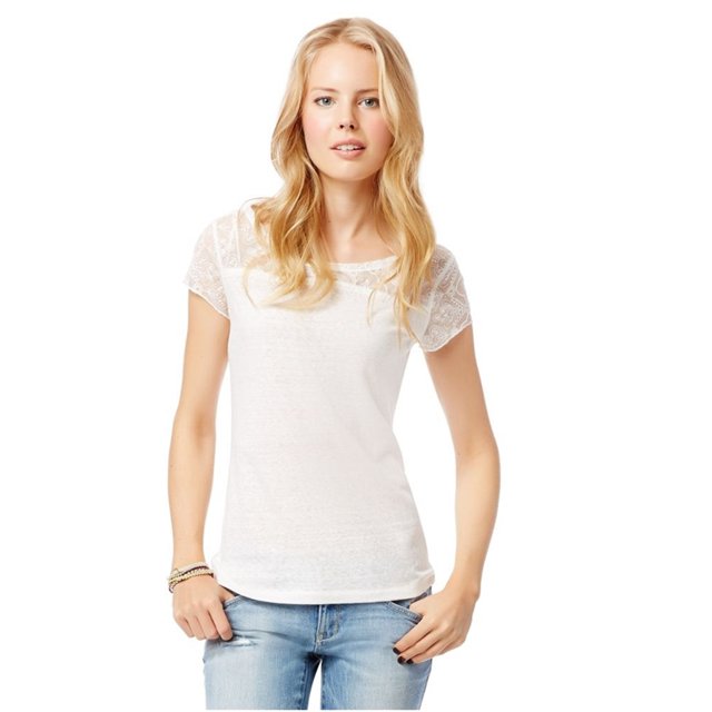 Camiseta Aeropostale con Adornos de Encaje para Mujer Color Blanco Roto Extragrande
